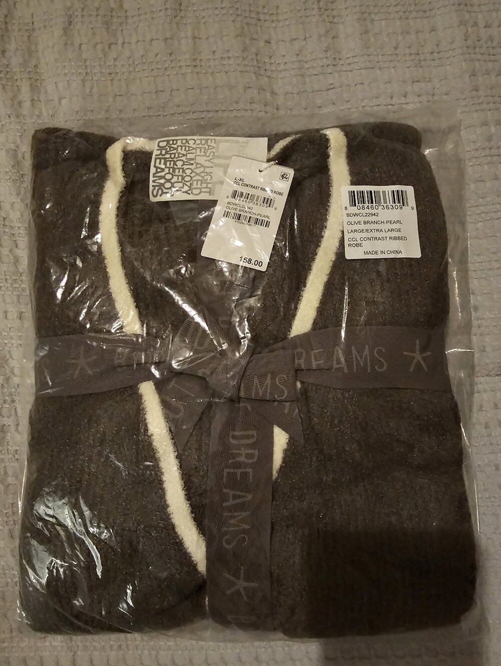 Barefoot Dreams Olive Brown Robe with Cream Trim